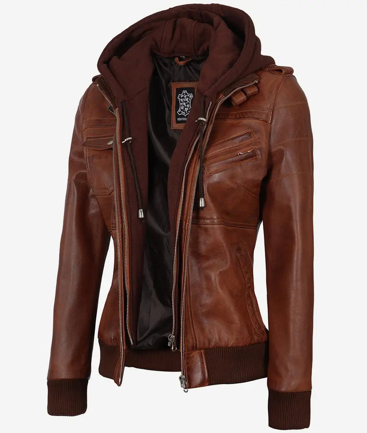 Women's Cognac Brown Leather Jacket with Removeable Hood - Rare Leather