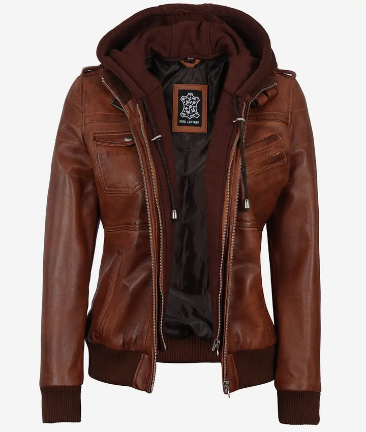Women's Cognac Brown Leather Jacket with Removeable Hood - Rare Leather