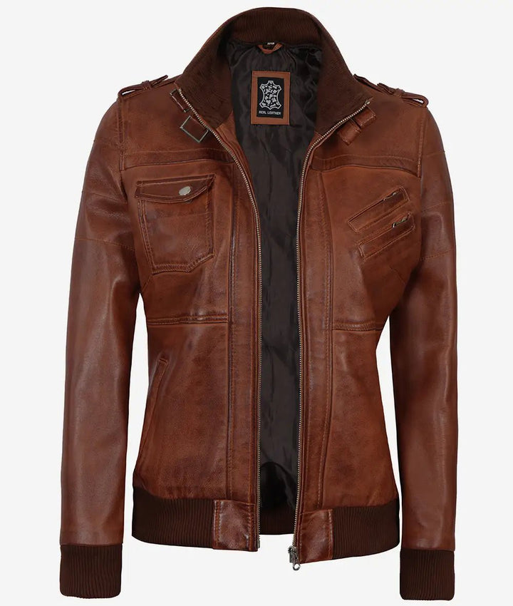 Women's Cognac Brown Leather Jacket with Removeable Hood - Rare Leather