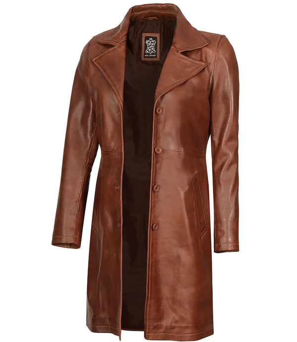 Women's Cognac Brown Real Leather 3/4 Length Coat - Rare Leather