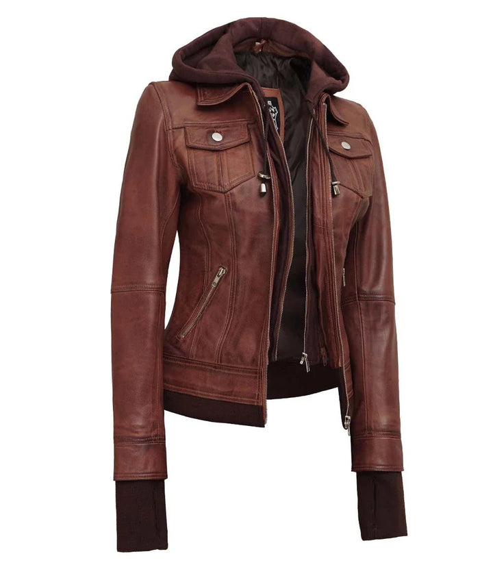 Women's Dark Brown Bomber Leather Jacket with Removable Hood - Rare Leather