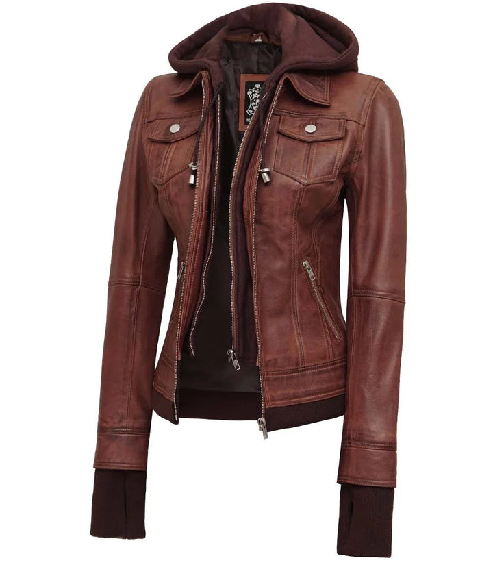 Women's Dark Brown Bomber Leather Jacket with Removable Hood - Rare Leather