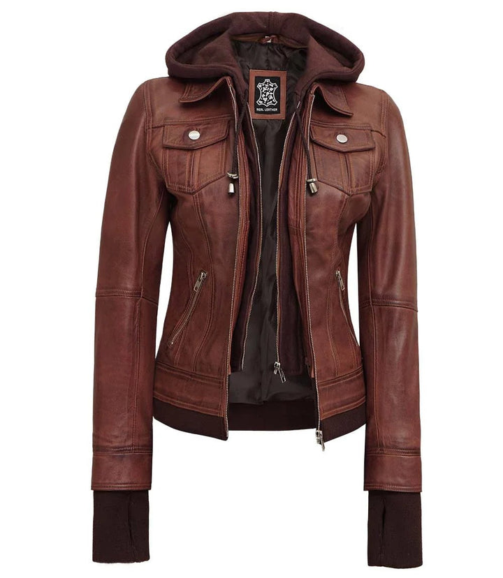 Women's Dark Brown Bomber Leather Jacket with Removable Hood - Rare Leather
