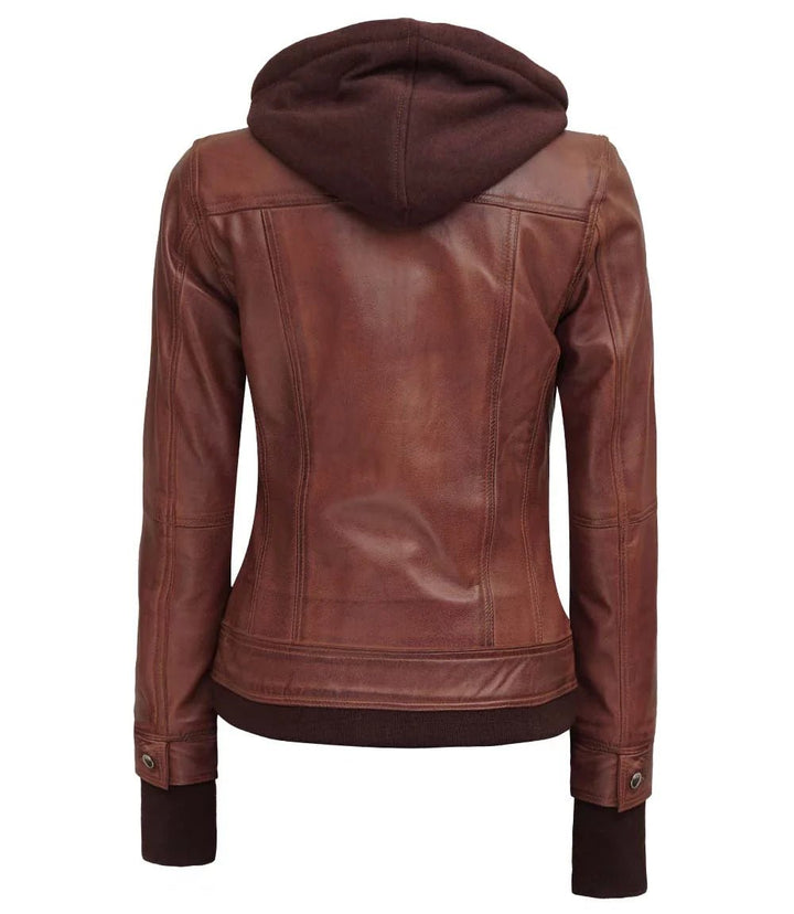 Women's Dark Brown Bomber Leather Jacket with Removable Hood - Rare Leather