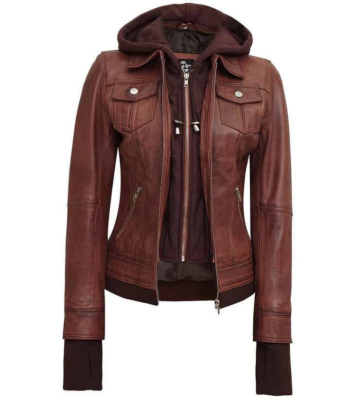 Women's Dark Brown Bomber Leather Jacket with Removable Hood - Rare Leather