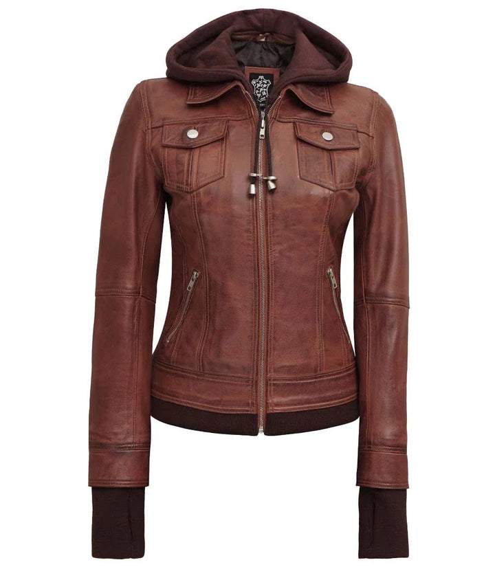 Women's Dark Brown Bomber Leather Jacket with Removable Hood - Rare Leather