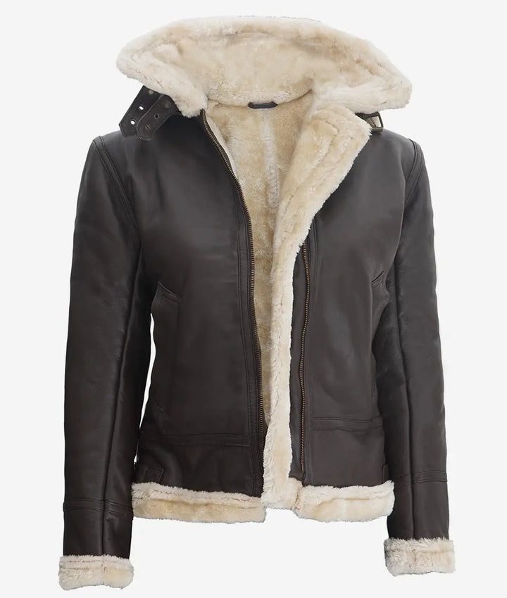 Womens Dark Brown Hooded Shearling Leather Jacket - Rare Leather