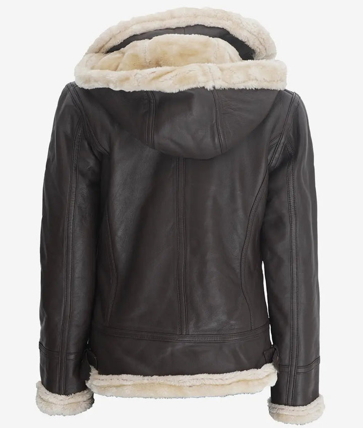 Womens Dark Brown Hooded Shearling Leather Jacket - Rare Leather