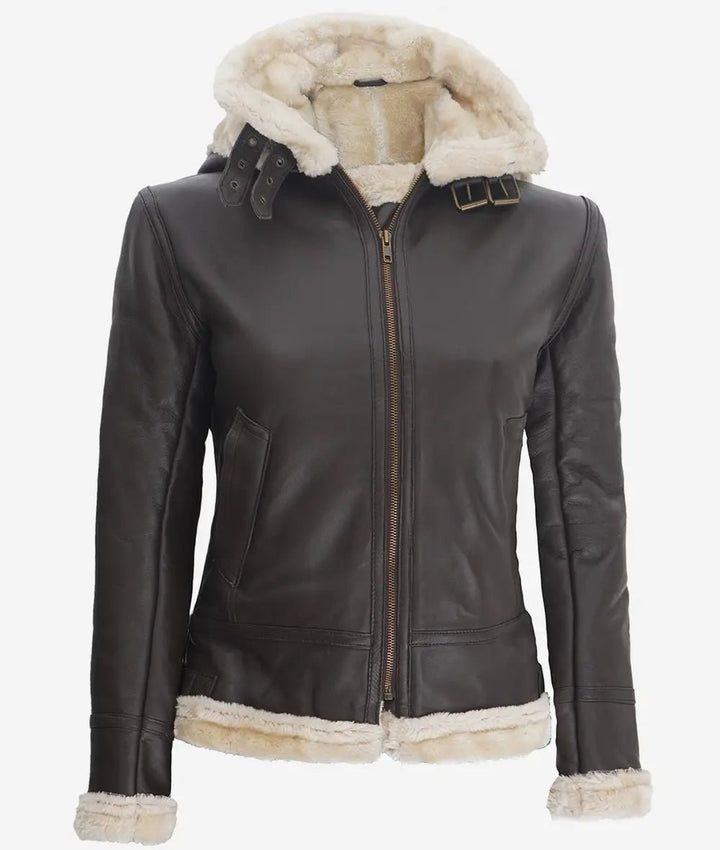 Womens Dark Brown Hooded Shearling Leather Jacket - Rare Leather