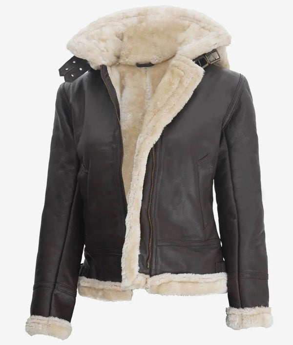 Womens Dark Brown Hooded Shearling Leather Jacket - Rare Leather