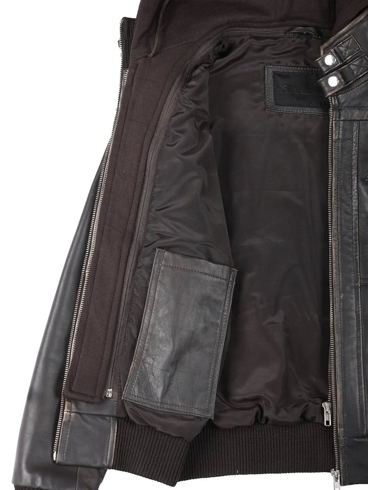 Women's Dark Brown Rub Off Leather Jacket with Removable Hood - Rare Leather