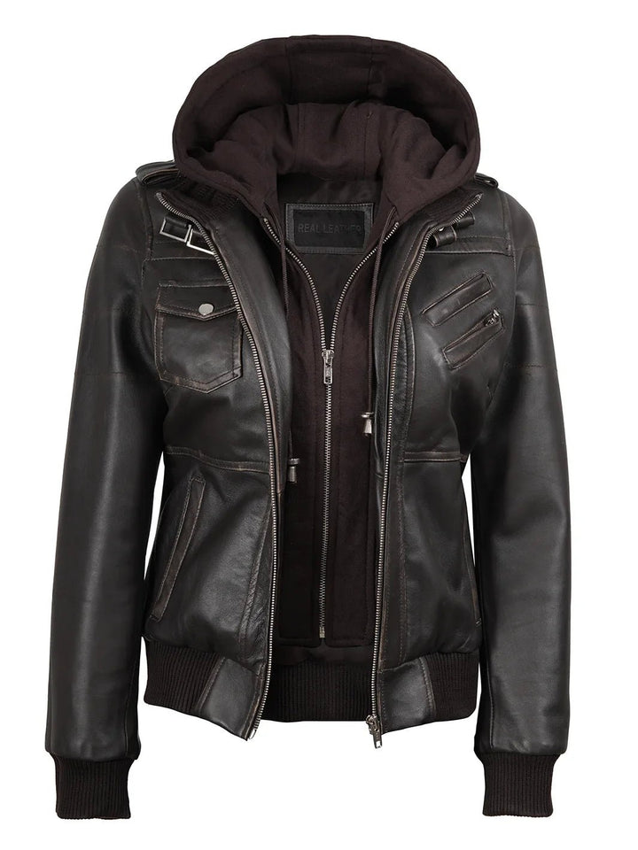 Women's Dark Brown Rub Off Leather Jacket with Removable Hood - Rare Leather