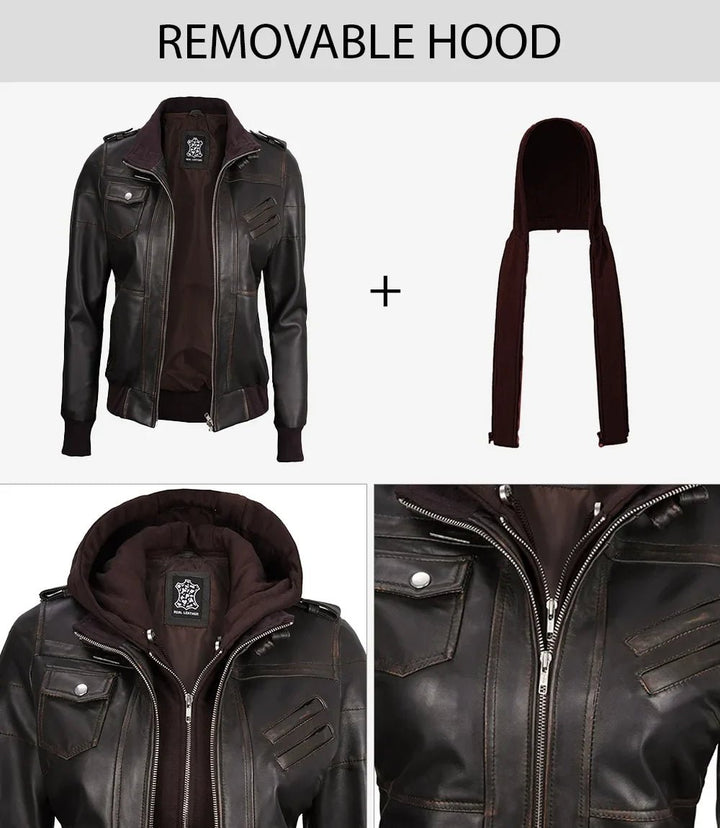 Women's Dark Brown Rub Off Leather Jacket with Removable Hood - Rare Leather