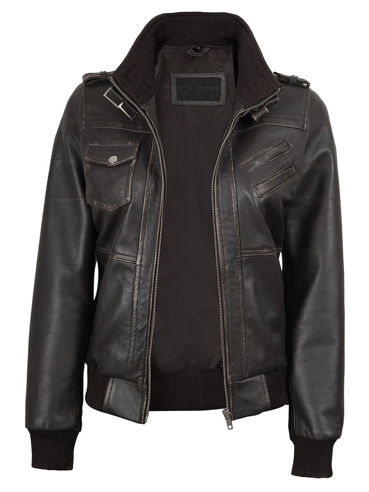 Women's Dark Brown Rub Off Leather Jacket with Removable Hood - Rare Leather