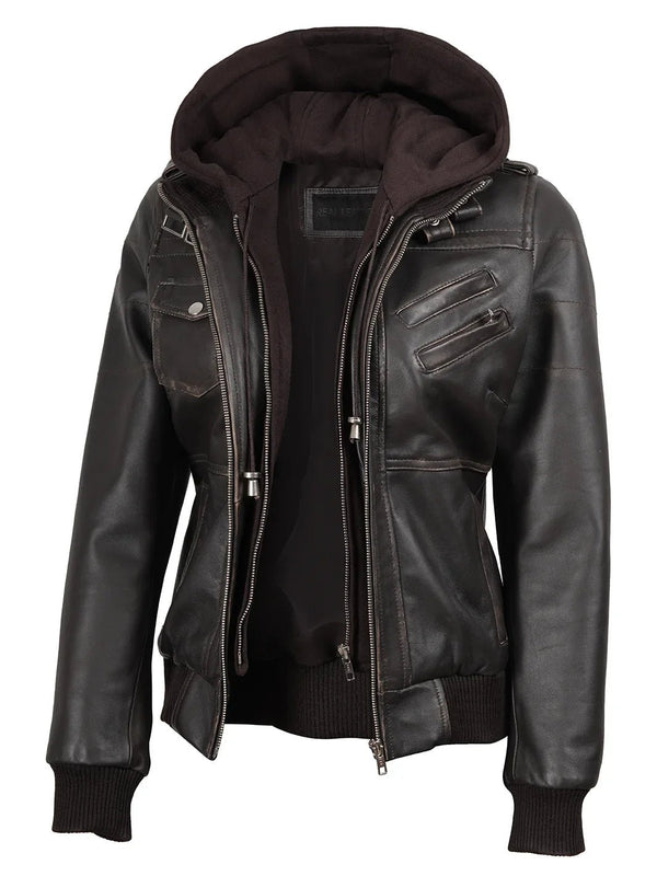 Women's Dark Brown Rub Off Leather Jacket with Removable Hood - Rare Leather