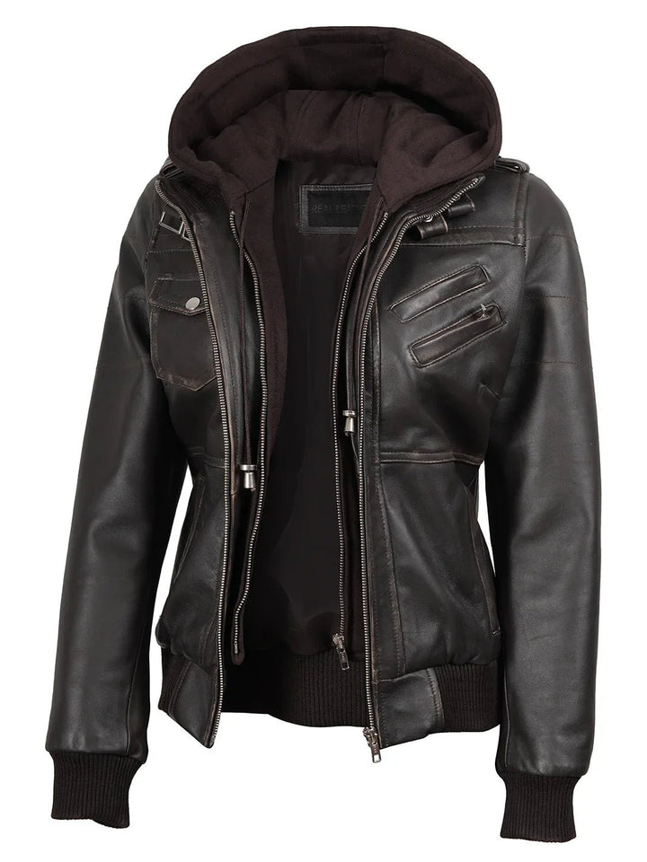 Women's Dark Brown Rub Off Leather Jacket with Removable Hood - Rare Leather