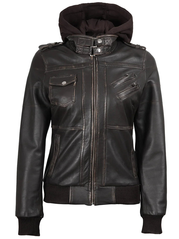 Women's Dark Brown Rub Off Leather Jacket with Removable Hood - Rare Leather