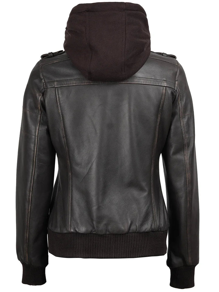 Women's Dark Brown Rub Off Leather Jacket with Removable Hood - Rare Leather