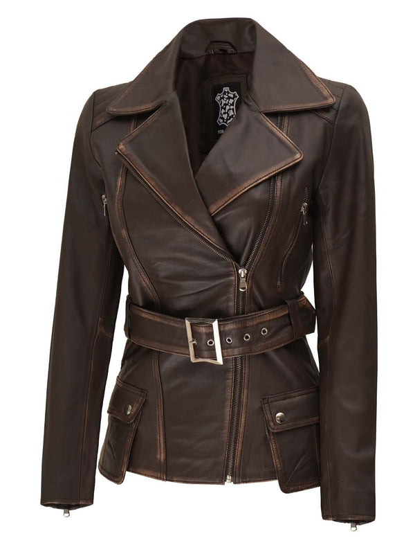 Women's Distressed Brown Asymmetrical Leather Biker Jacket - Rare Leather