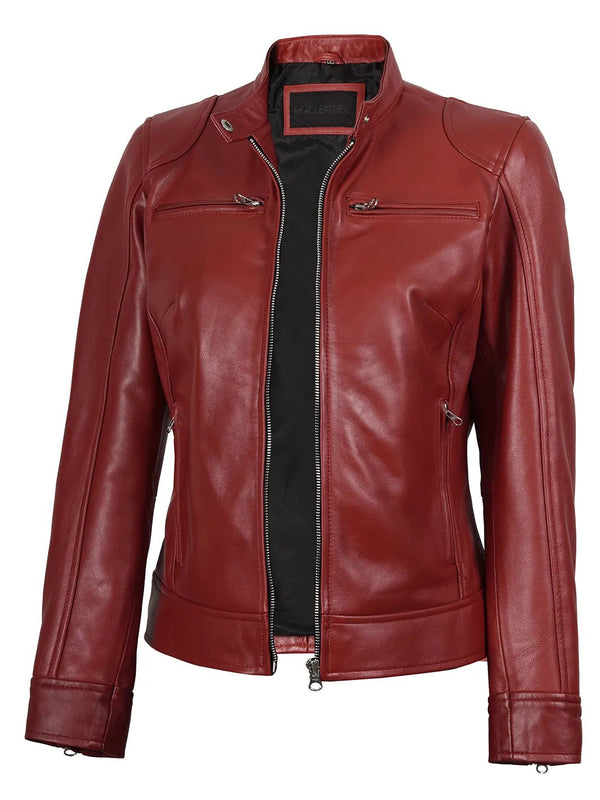Women's Dodge Cafe Racer Red Leather Jacket - Rare Leather