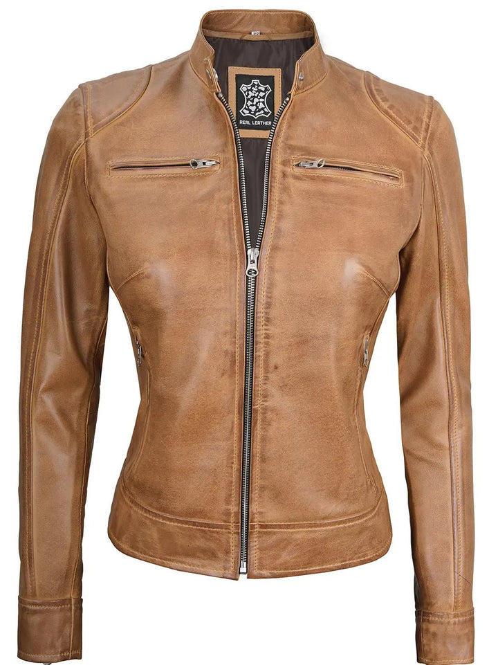 Women's Dodge Camel Brown Cafe Racer Leather Jacket - Rare Leather