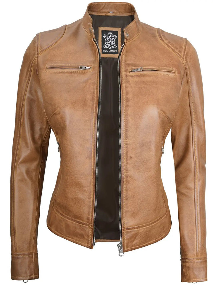 Women's Dodge Camel Brown Cafe Racer Leather Jacket - Rare Leather