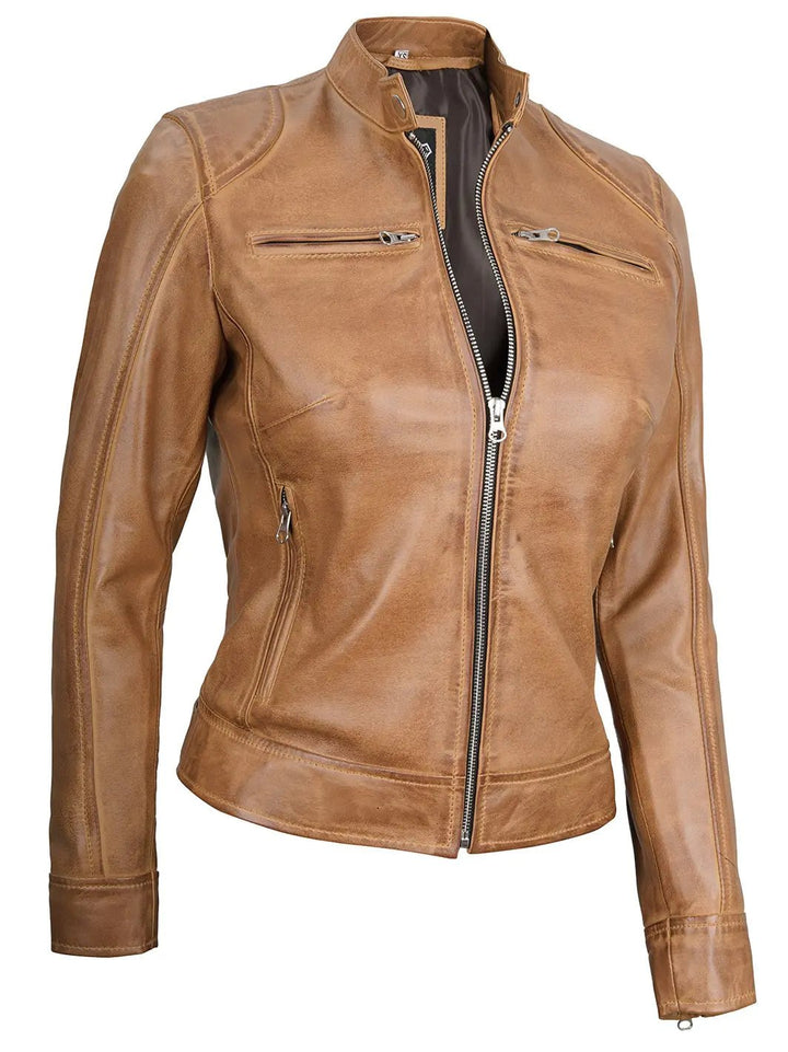 Women's Dodge Camel Brown Cafe Racer Leather Jacket - Rare Leather