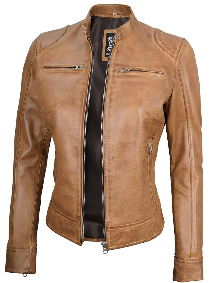 Women's Dodge Camel Brown Cafe Racer Leather Jacket - Rare Leather