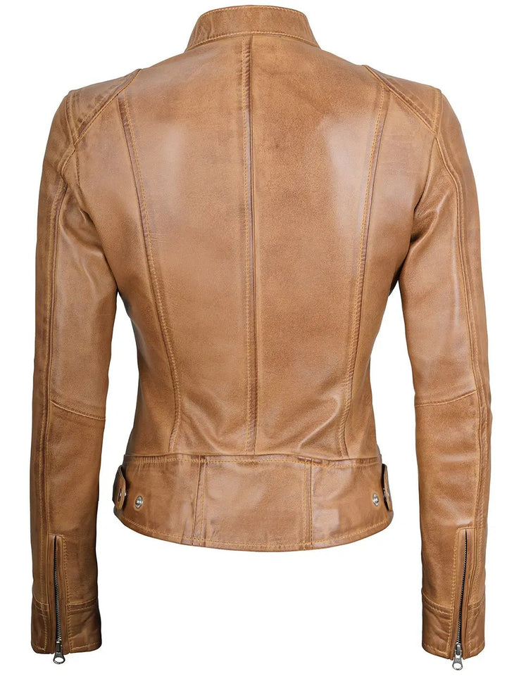 Women's Dodge Camel Brown Cafe Racer Leather Jacket - Rare Leather