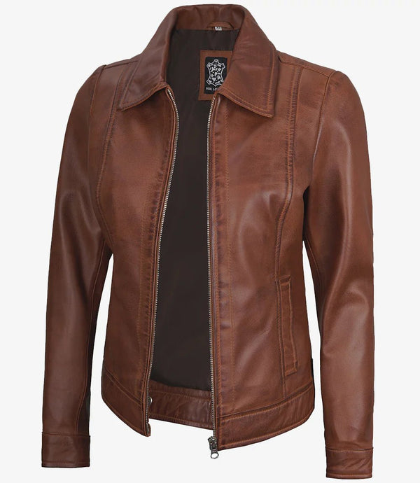 Women's Harrington Leather Jacket Cognac Brown Wax - Rare Leather