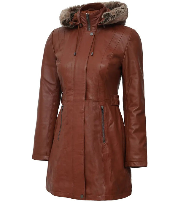 Women's Hooded Brown Leather Long Shearling Coats - Rare Leather