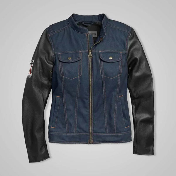 Women’s Navy Denim Jacket with Leather Sleeves & No. 1 Embroidery Patch - Rare Leather