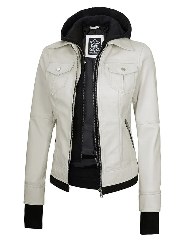 Womens Off White Motorcycle Leather Jacket with Hood - Rare Leather