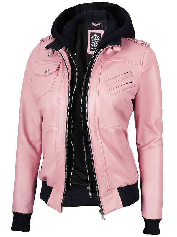 Women's Pink Leather Jacket with Removable Hood - Rare Leather