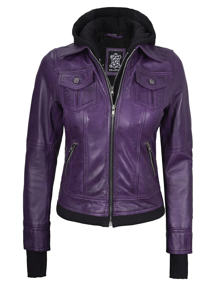 Women's Purple Leather Jacket with Removable Hood - Rare Leather