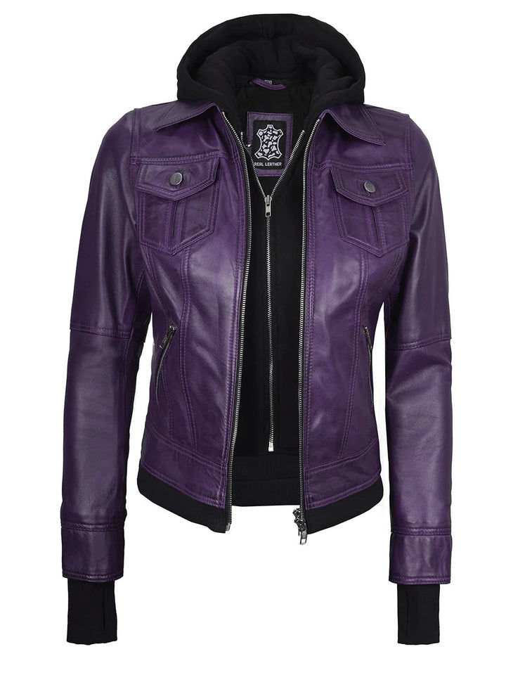 Women's Purple Leather Jacket with Removable Hood - Rare Leather