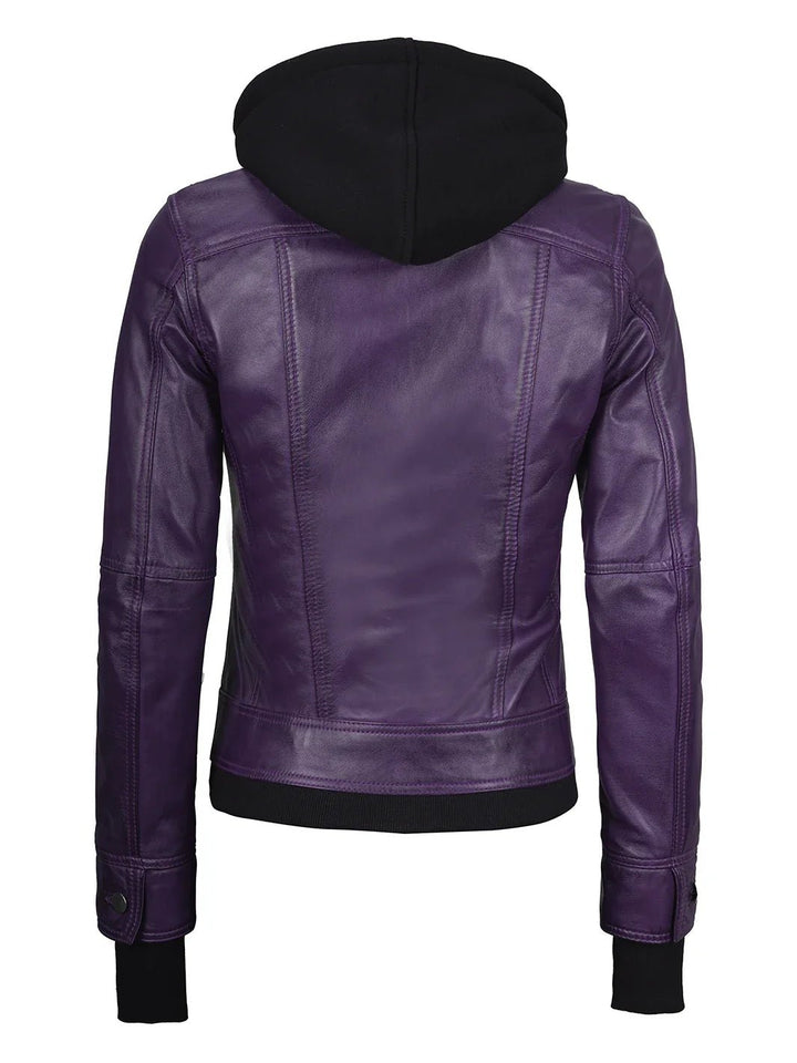 Women's Purple Leather Jacket with Removable Hood - Rare Leather