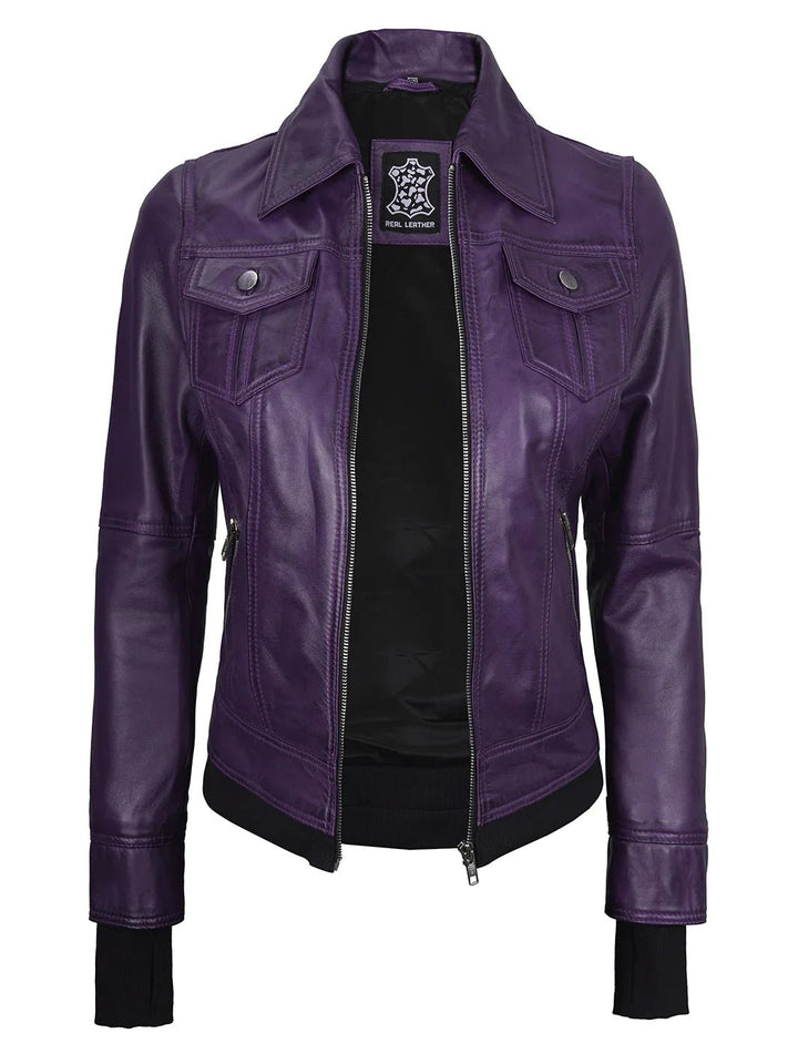 Women's Purple Leather Jacket with Removable Hood - Rare Leather