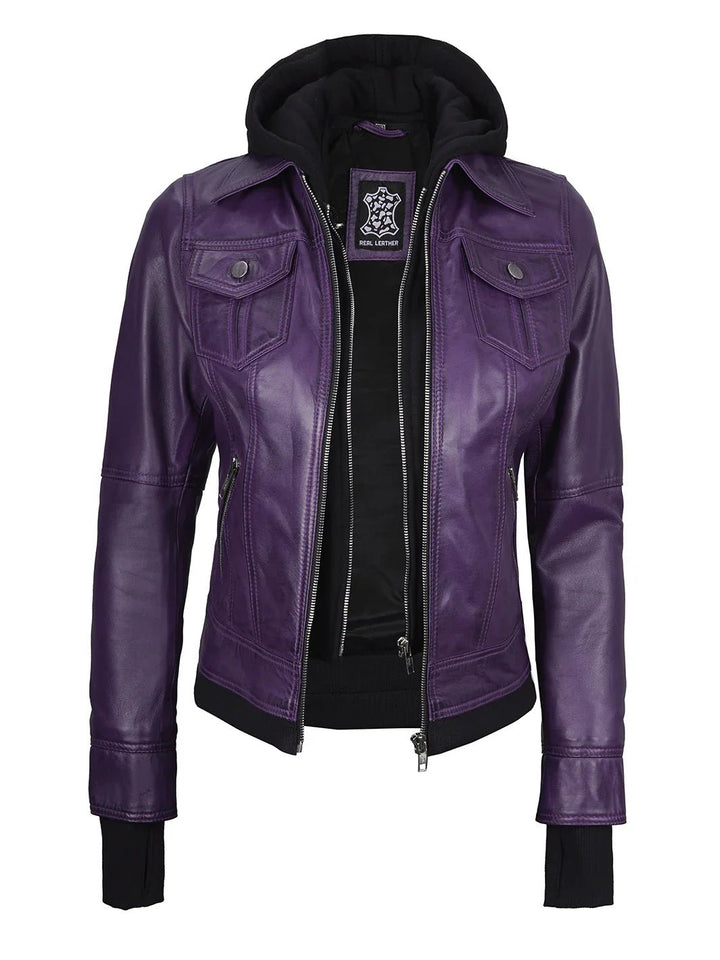 Women's Purple Leather Jacket with Removable Hood - Rare Leather