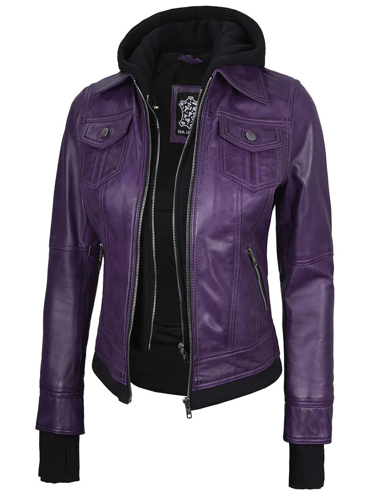 Women's Purple Leather Jacket with Removable Hood - Rare Leather