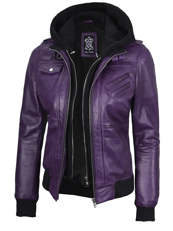 Women's Purple Real Leather Jacket with Removable Hood - Rare Leather