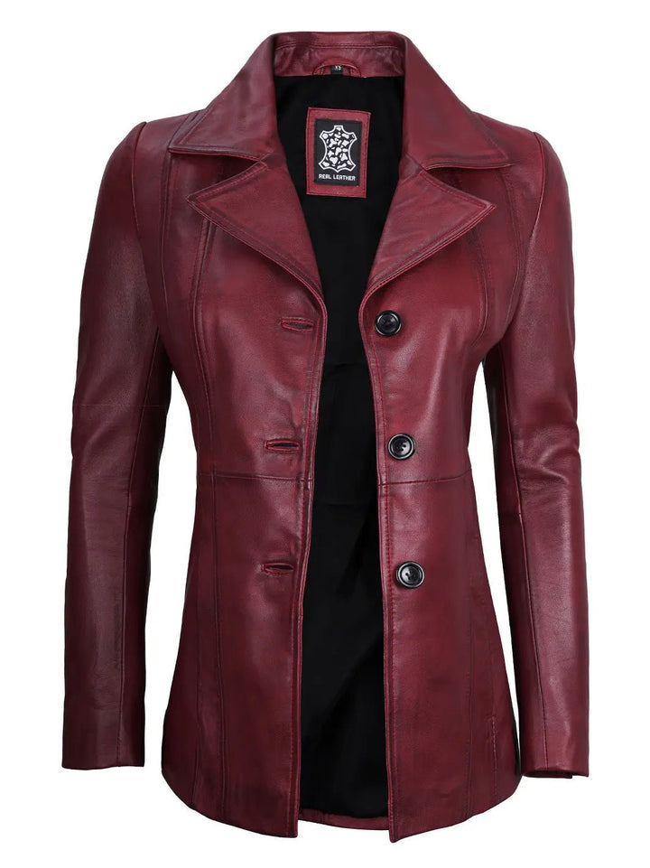 Women's Real Leather Burgundy Blazer with Three Button - Rare Leather