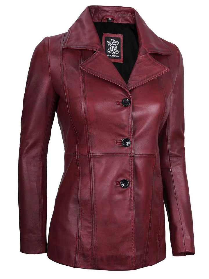 Women's Real Leather Burgundy Blazer with Three Button - Rare Leather
