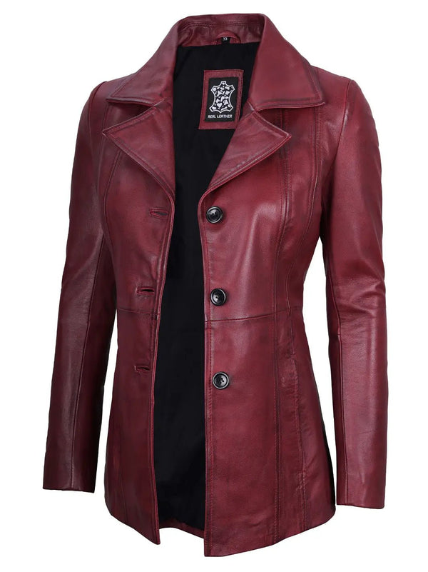 Women's Real Leather Burgundy Blazer with Three Button - Rare Leather