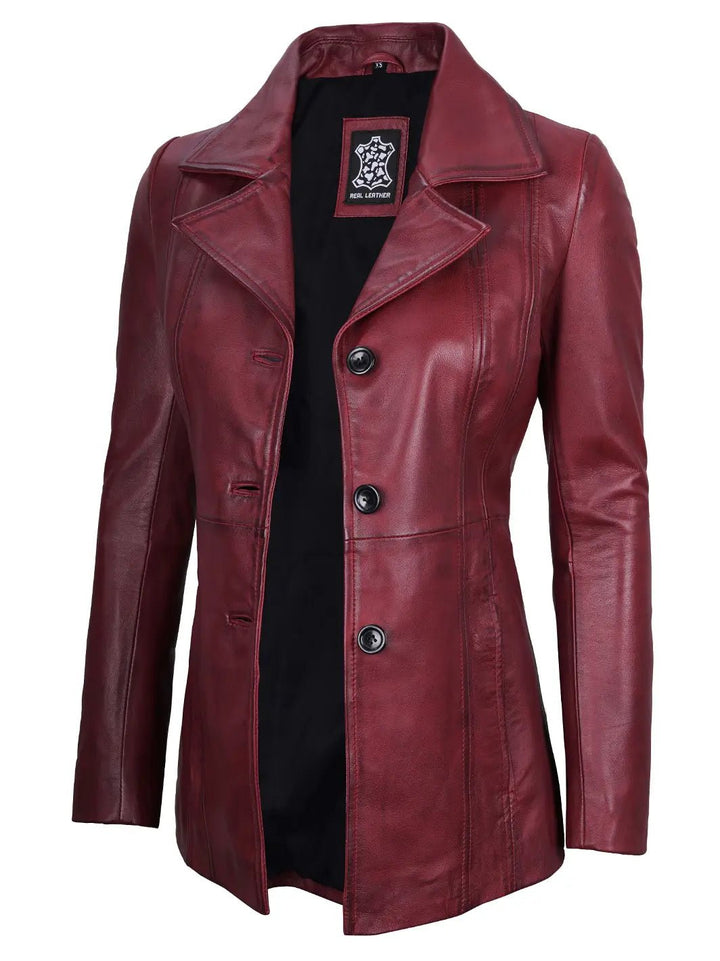 Women's Real Leather Burgundy Blazer with Three Button - Rare Leather
