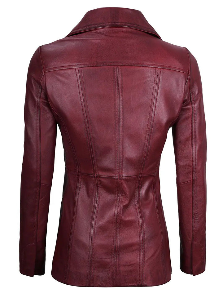 Women's Real Leather Burgundy Blazer with Three Button - Rare Leather