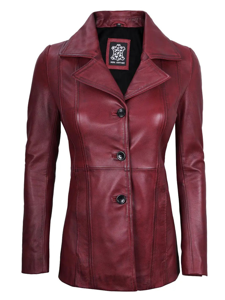 Women's Real Leather Burgundy Blazer with Three Button - Rare Leather