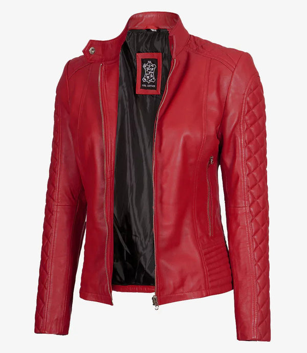Womens Red Quilted Cafe Racer Leather Jacket - Rare Leather