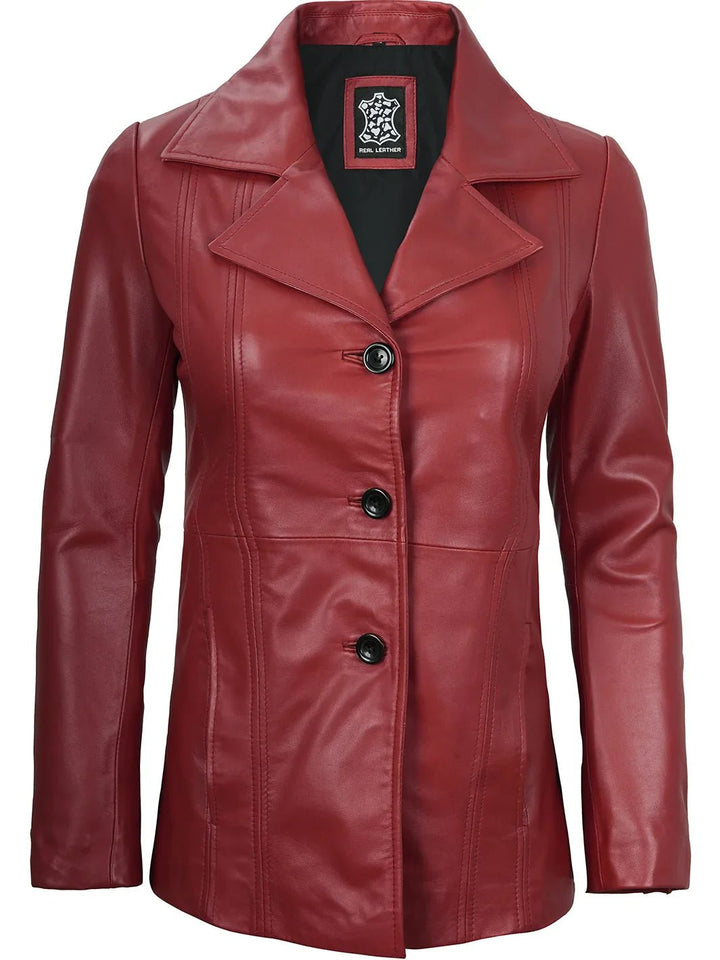 Women's Red Real Leather Blazer Jacket - Rare Leather