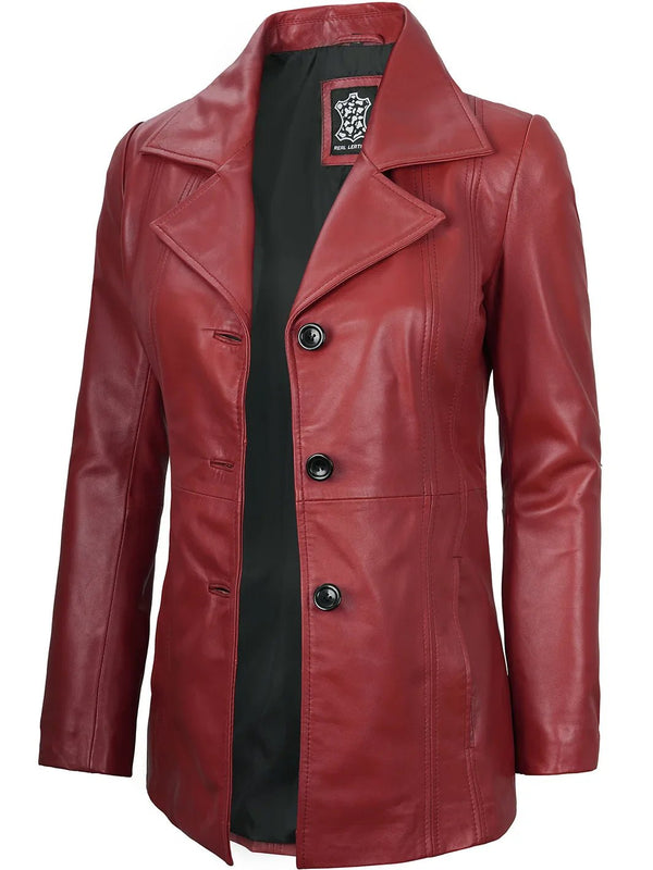 Women's Red Real Leather Blazer Jacket - Rare Leather